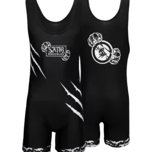 Black sublimated wrestling singlet front and back — custom wrestling uniform for USA and pro-level matches