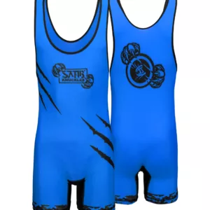 Blue USA wrestling singlet front and back — sublimated youth wrestling uniform for freestyle and Greco wrestling