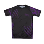 Purple women’s rash guard with built-in bra — short sleeve rash vest for MMA, surf, and CrossFit