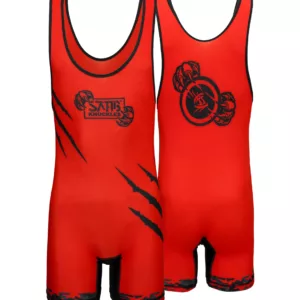 Custom red wrestling singlet front and back view — youth and men’s singlet for team USA wrestling