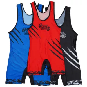 Red, blue, and black wrestling singlets — custom youth and men’s freestyle wrestling uniforms, sublimated singlets for competition, CrossFit, gym, and USA wrestling training