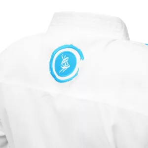 Close-up of breathable lightweight cotton-polyester karate gi fabric